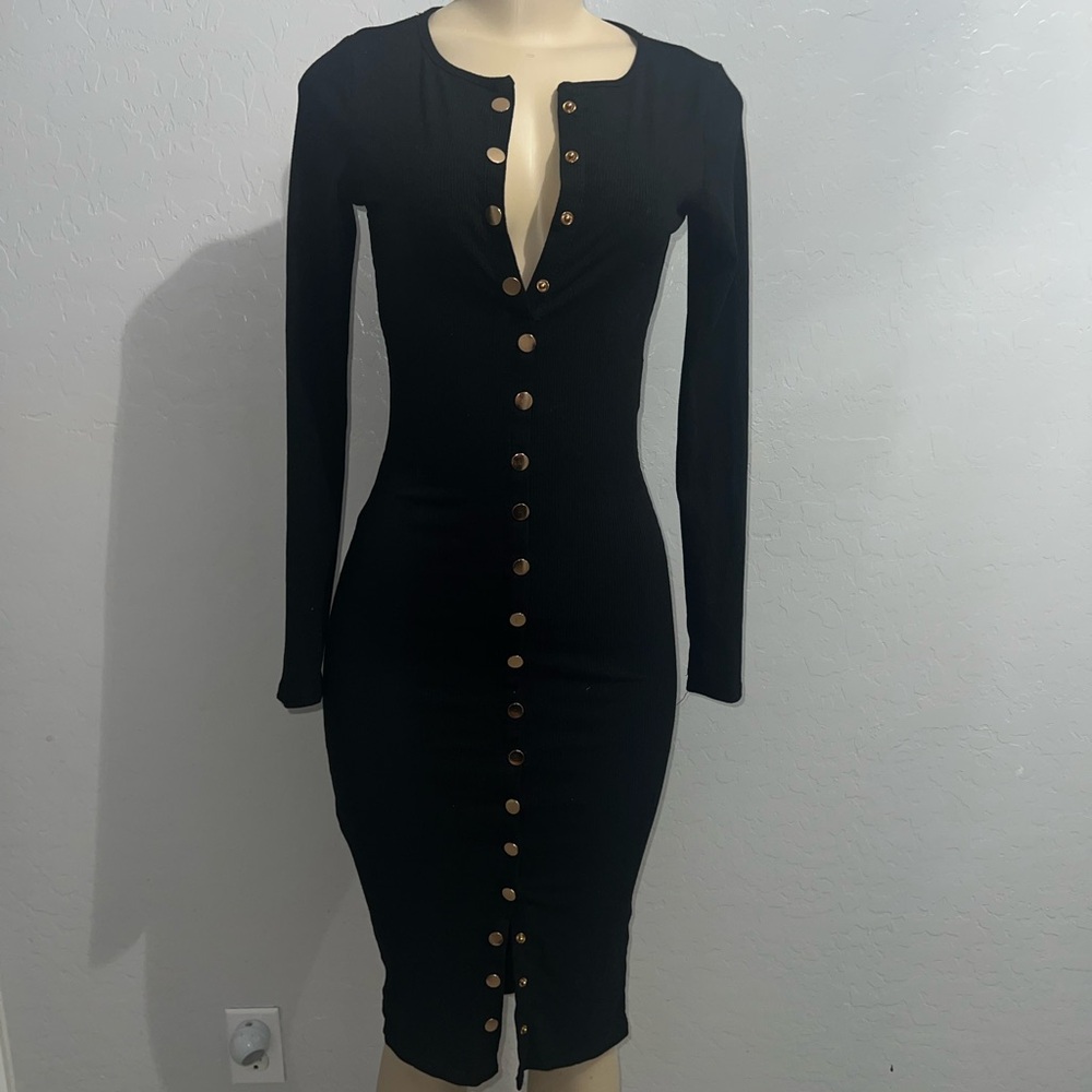 Heart & Hips Black and Gold Buttoned Bodycon Dress